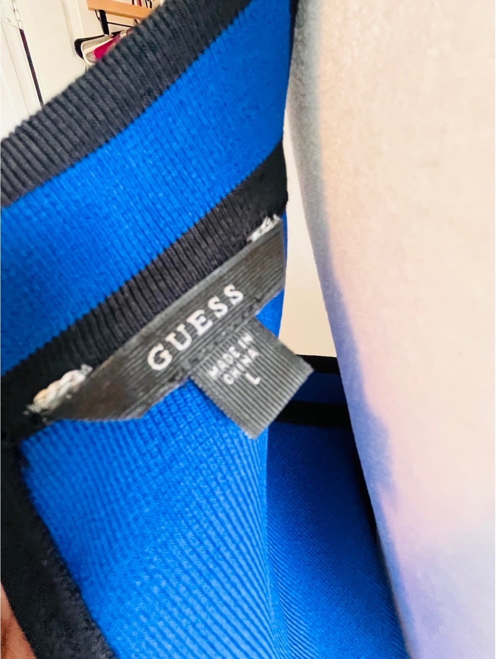 GUESS Los Angeles Fit and Flare Blue Black Striped Bandage Knit Dress Large - Picture 7 of 10